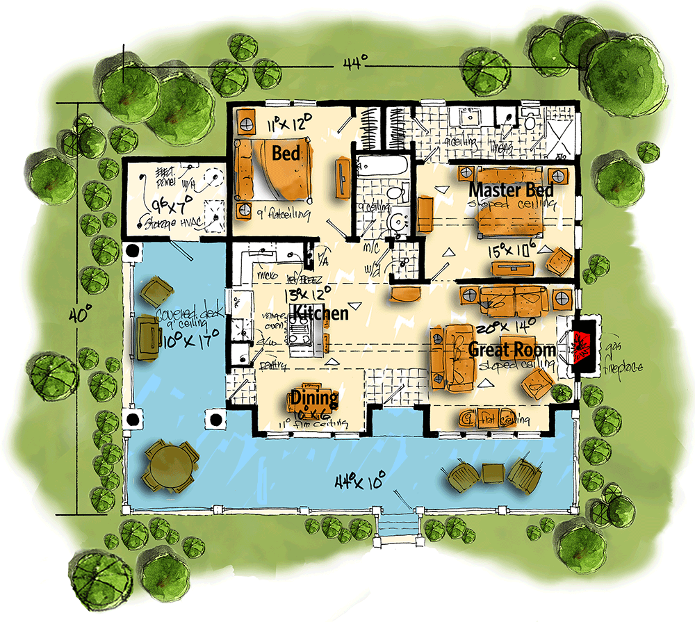 Plan 12964KN: Rustic Retreat with Timber Accents - Floor Plan - Main Level - Cabin, Cottage, Mountain, Rustic, Vacation