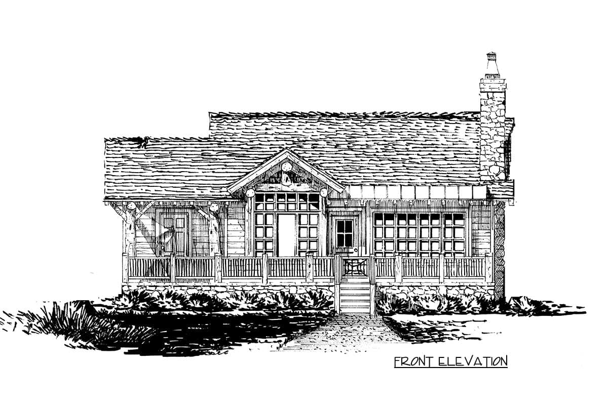 Front elevation house plan drawing with a full porch, stone foundation, and stone chimney.