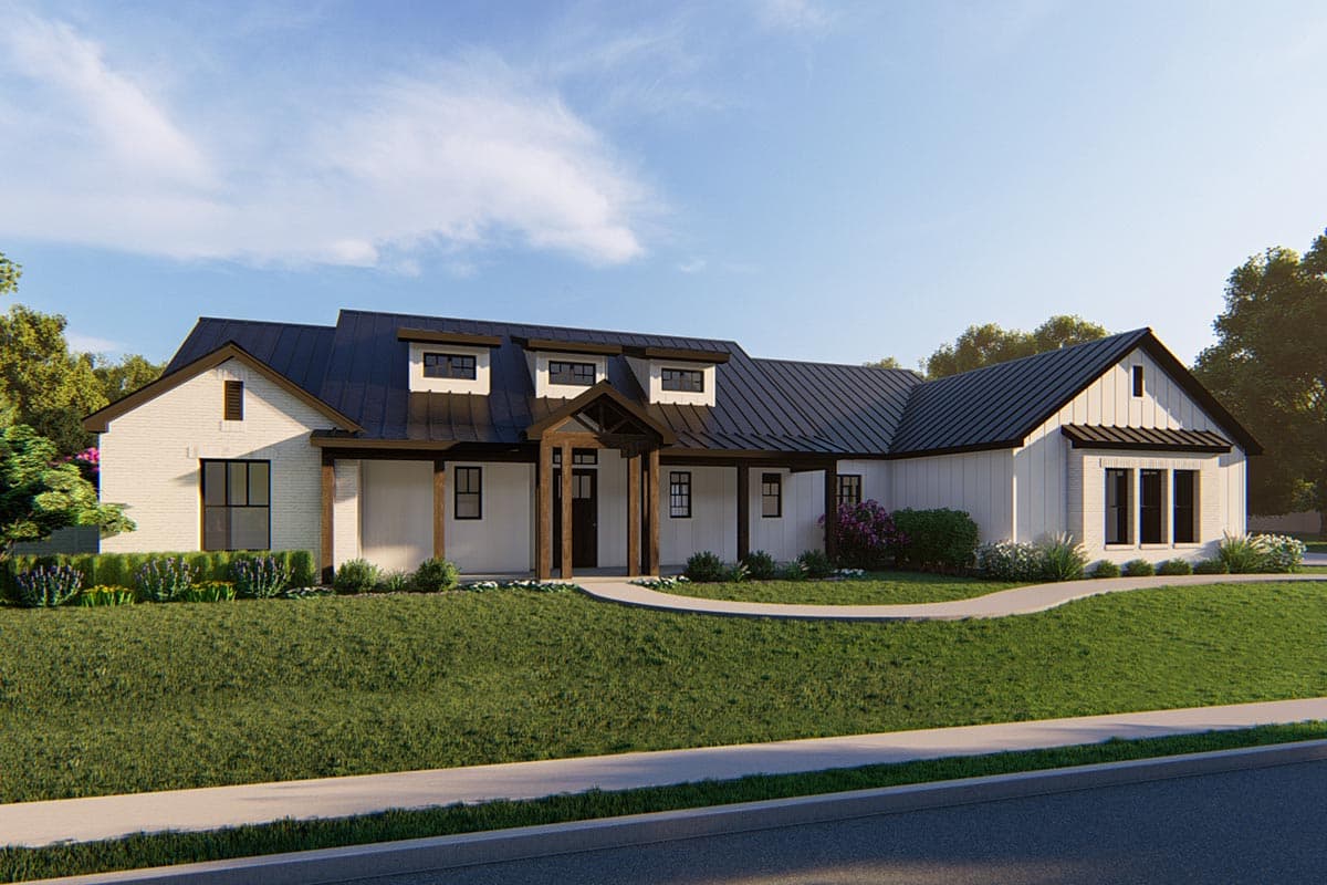 House plan exterior. Modern farmhouse style with dormers, a front porch with exposed posts, and a metal roof.