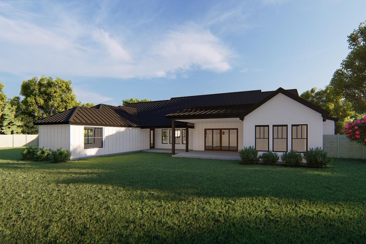 House plan exterior. Modern style, white board-and-batten siding, black metal roof, large windows, and covered patio.