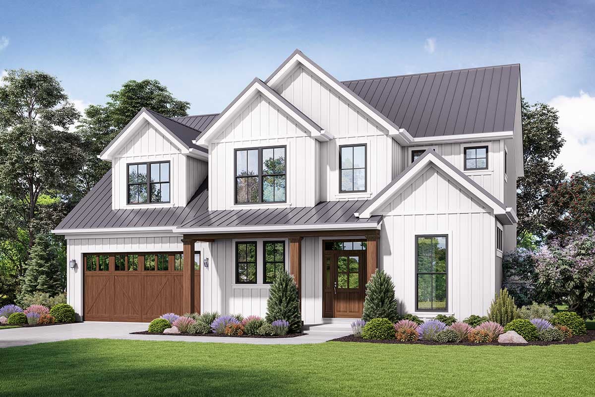 House plan exterior rendering. Modern Farmhouse style, two-story home. Features include gabled roof, dormers, and a covered porch with wooden beams.