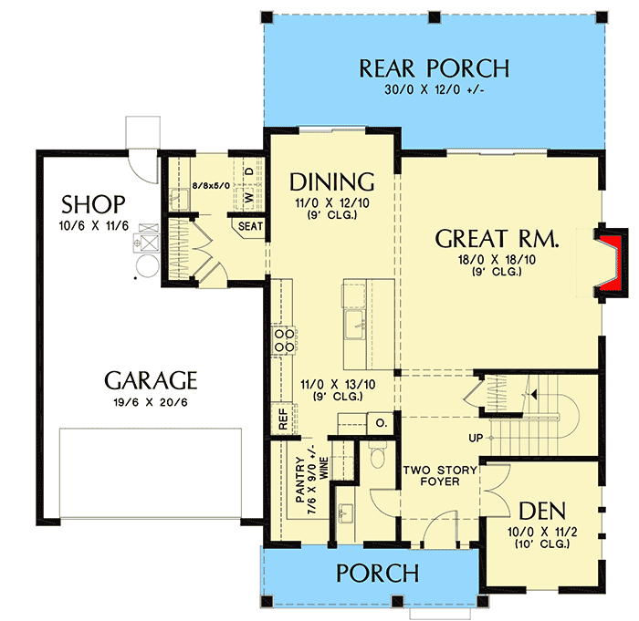 Plan 69751AM: New American Farmhouse Plan with Four Upstairs Bedrooms - 2618 Sq Ft - Floor Plan - Main Level - Country, Farmhouse, Modern Farmhouse, New American, Traditional