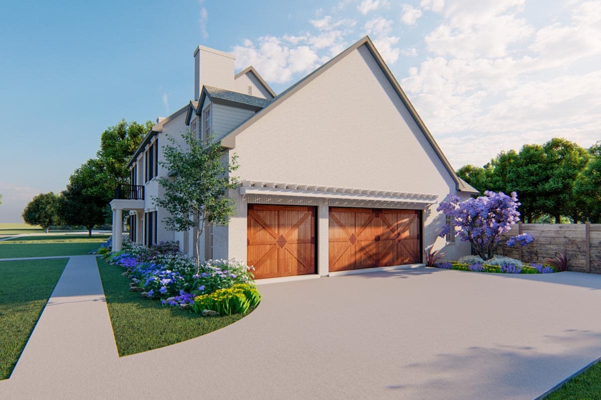 House plan exterior: Two-story home with a prominent gable, twin wooden garage doors, and a covered balcony.