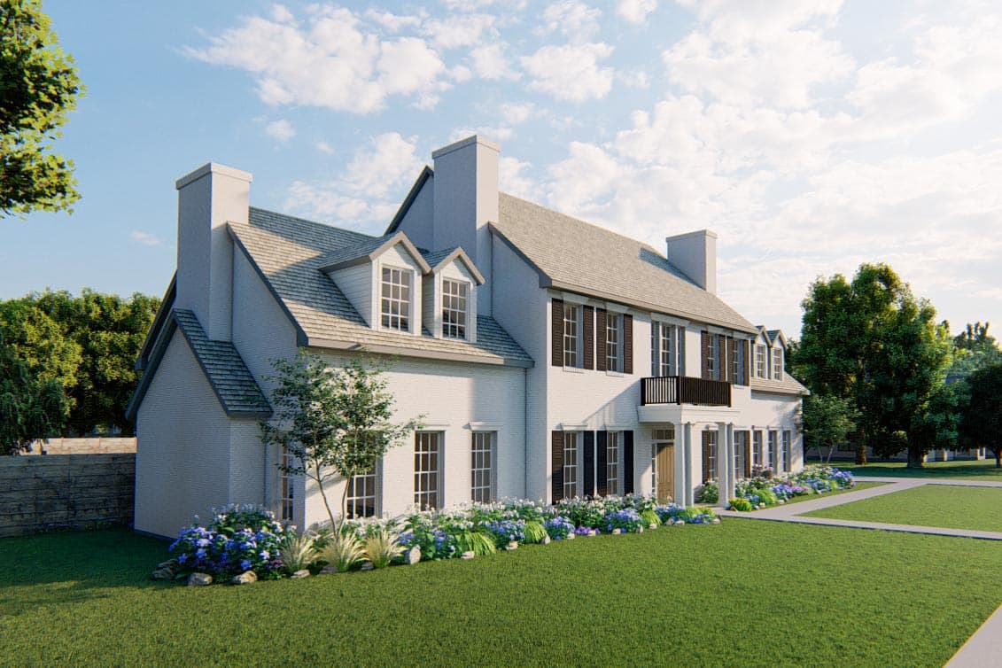 House plan exterior: Two-story home with symmetrical facade, dormers, prominent chimneys, and a second-story balcony.