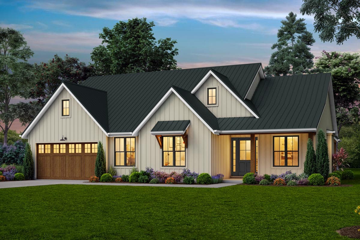 House plan exterior. Modern Farmhouse with gabled roof, dormers, and attached garage. Features include covered porch and board-and-batten siding.