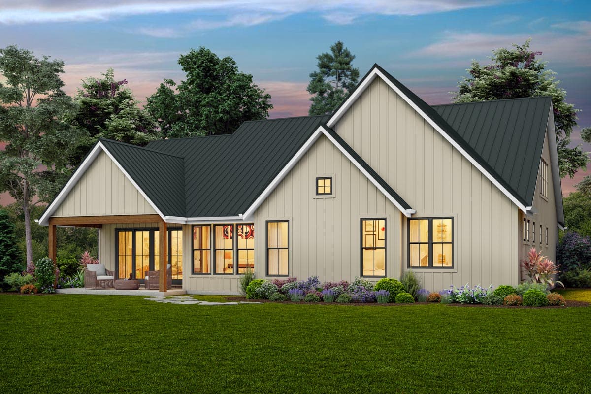 House plan exterior with gabled rooflines, board and batten siding, a covered porch, and large windows.