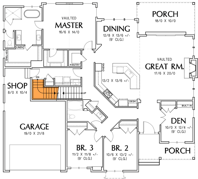 Plan 69750AM: Attractive 3 Bedroom Modern Farmhouse Plan with Vaulted Great Room - 2213 Sq Ft - Floor Plan - Basement Stairs Location - Country, Farmhouse, Modern Farmhouse, New American, Northwest, Ranch