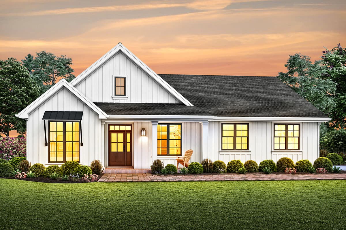 House plan exterior featuring a Farmhouse style with gabled roof, a front porch, and black window awnings over some windows.