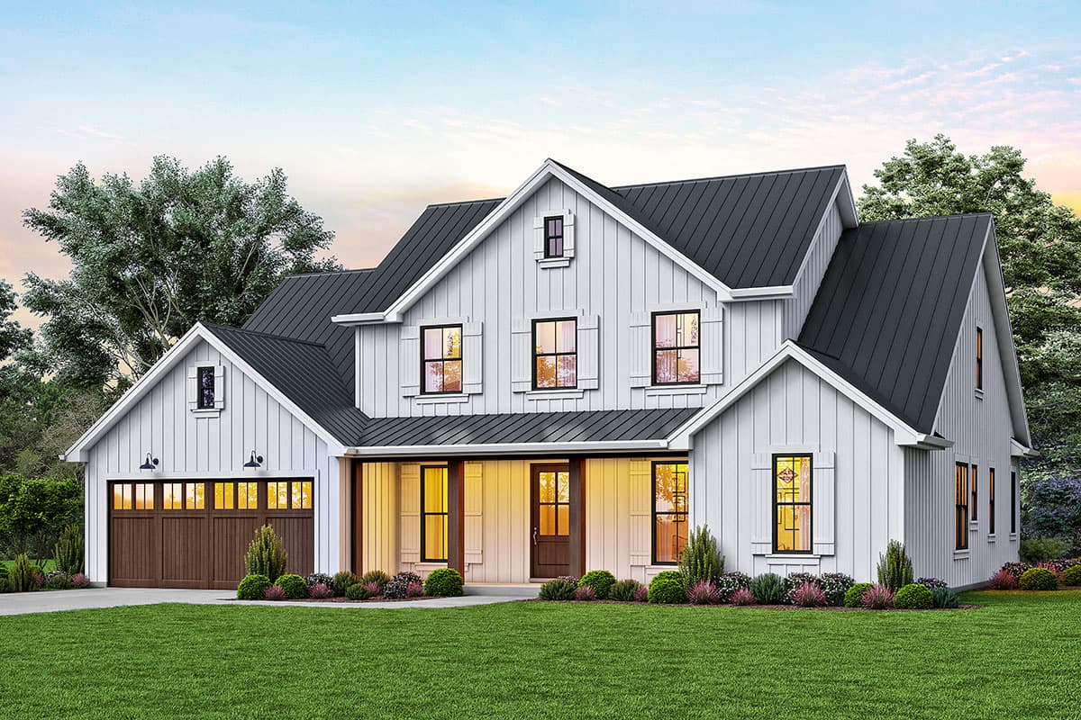 House plan exterior featuring a two-story Modern Farmhouse design. Includes a covered porch, gabled rooflines, and a two-car garage.