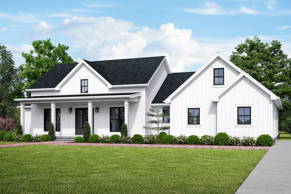 House plan exterior. Modern Farmhouse style with a front porch, gables, and multiple rooflines. Two-story house with black trim and roof.