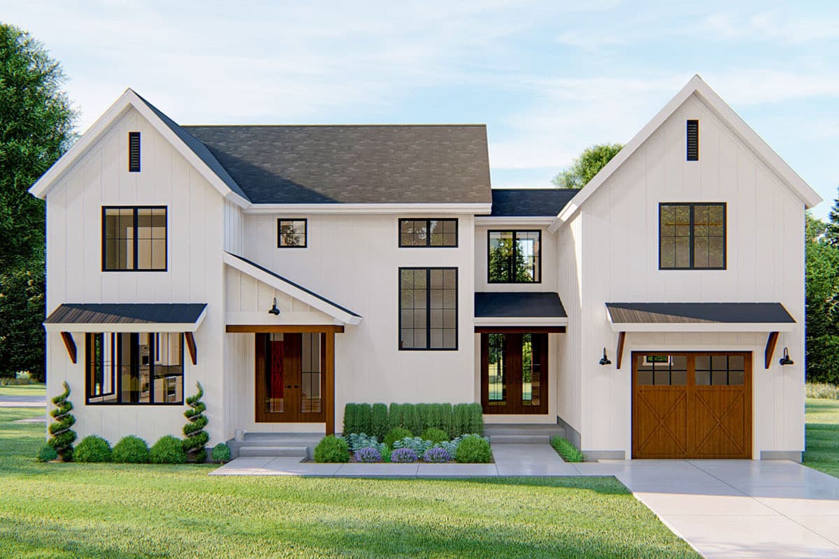 House plan exterior. Modern Farmhouse style, two-story home. Features include gable roof, covered entry, and attached garage. Black-framed windows.
