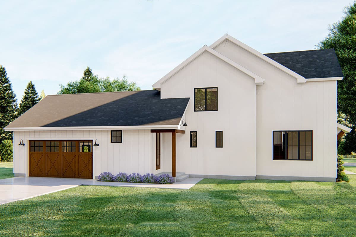 House plan exterior: Modern Farmhouse style, two stories, with attached garage, gabled roof, and covered entryway with wooden posts.
