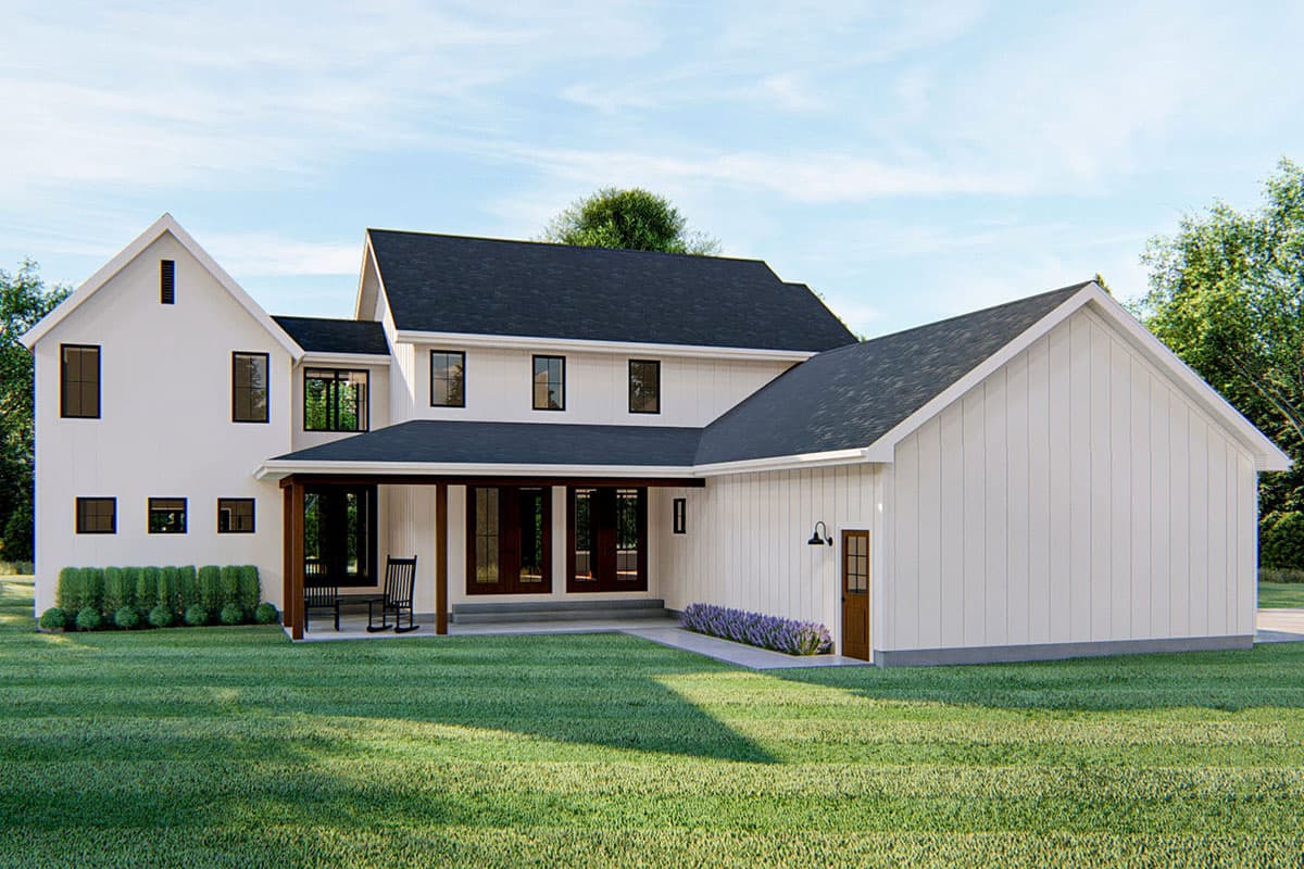 Modern Farmhouse house plan exterior with two stories, gables, covered porch, and board and batten siding.