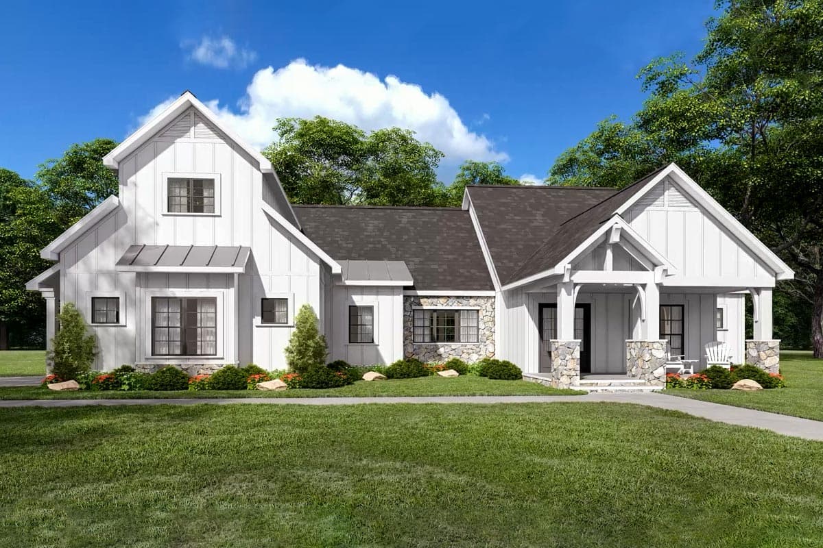House plan exterior of a Modern Farmhouse with a prominent gable, stone accents, and a covered front porch with stone pillars.