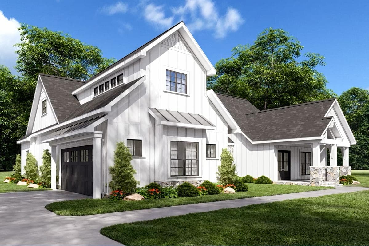 Modern Farmhouse house plan exterior with white board-and-batten siding, gabled roof, attached garage, and stone-accented porch.