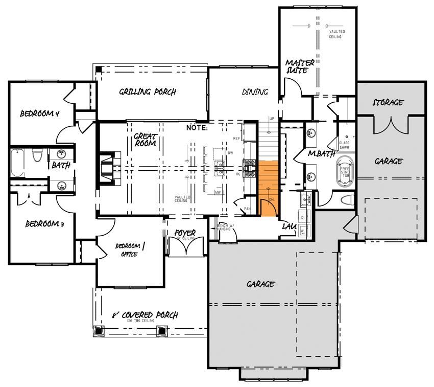Plan 70647MK: One-Story Farmhouse Plan with Vaulted Great Room and Master Suite - 1897 Sq Ft - Floor Plan - Main Level Basement Stair Location - Country, Craftsman, Modern Farmhouse, New American, Rustic