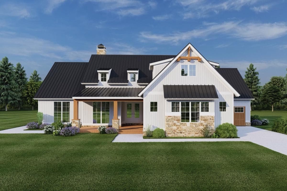 House plan exterior. Modern farmhouse with a metal roof, front porch, stone accents, and dormers. Features a two-story gable with exposed beams.