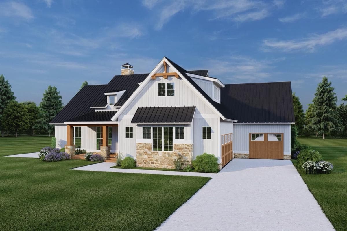 House plan exterior: Modern Farmhouse style with white board-and-batten siding, stone base, black metal roof, dormers, and two-car garage.