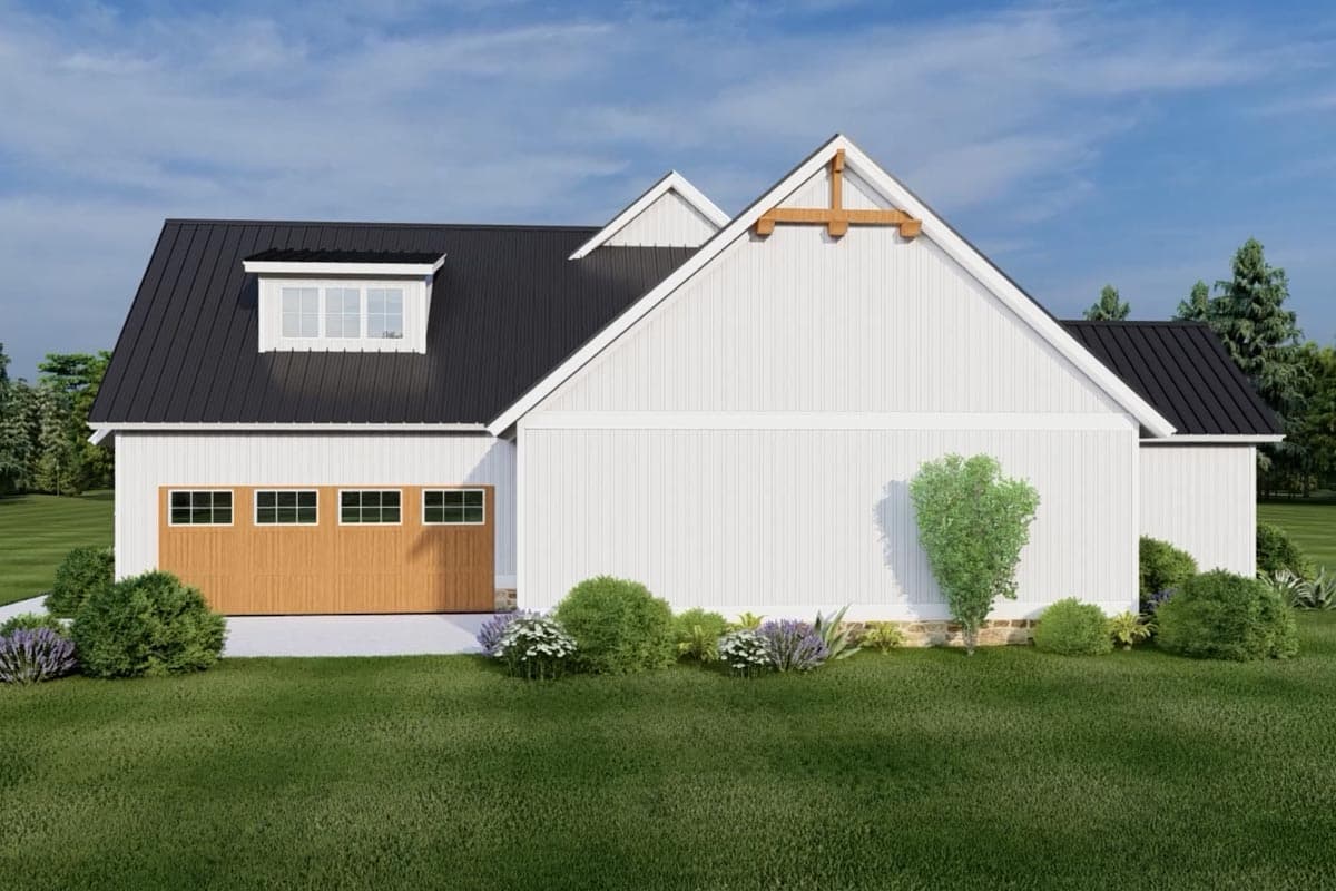 Modern Farmhouse house plan exterior with white vertical siding, black metal roof, dormer, and wood garage door.