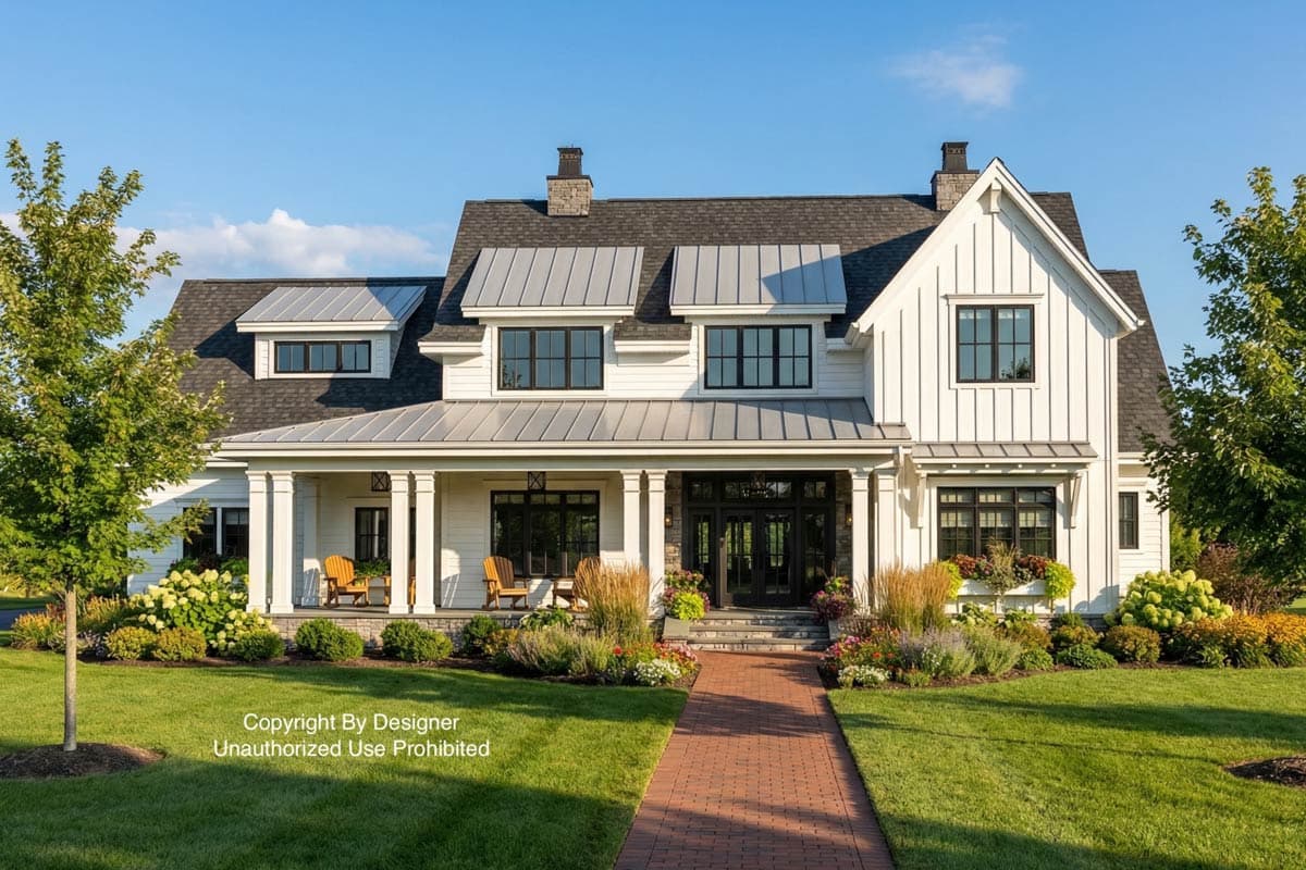 A white farmhouse with a large porch and black-framed windows, a brick pathway leads to the front door, surrounded by lush landscaping.