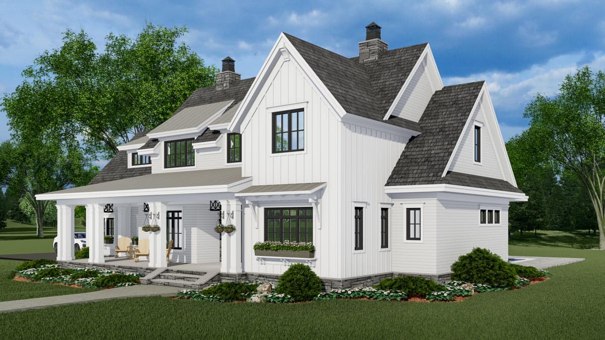 House plan exterior: two-story Modern Farmhouse with wraparound porch, prominent gables, stone chimney, and board-and-batten siding.