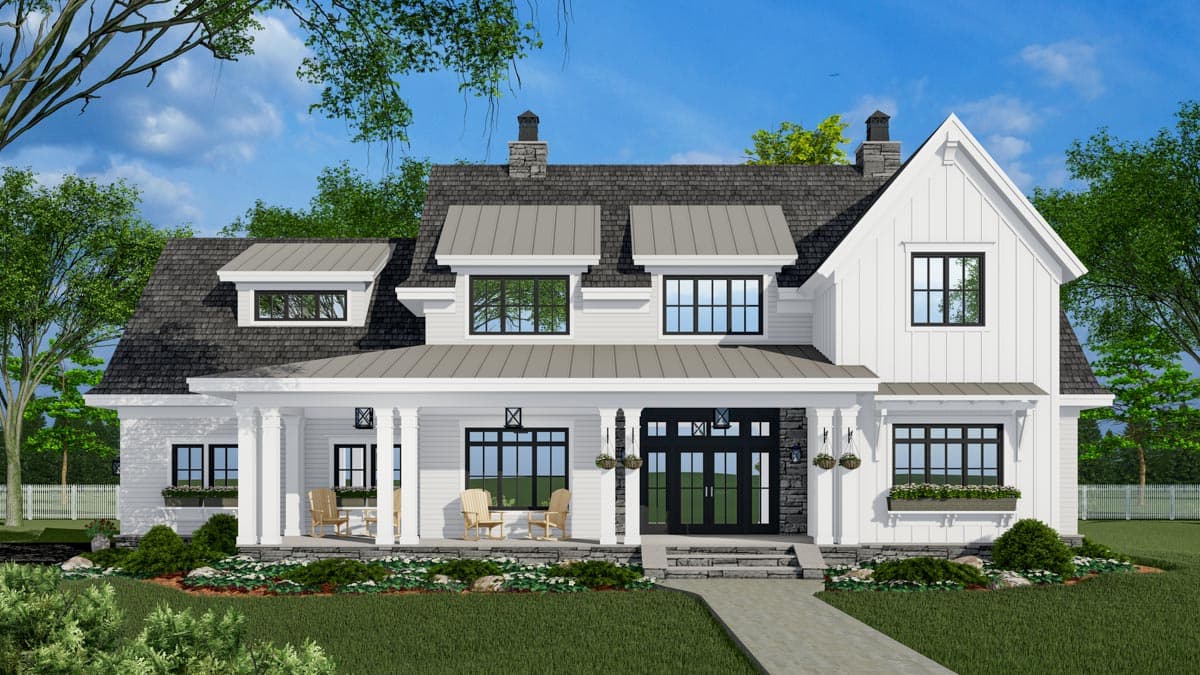 Modern Farmhouse house plan exterior with wraparound porch, dormers, gables, and stone accents.