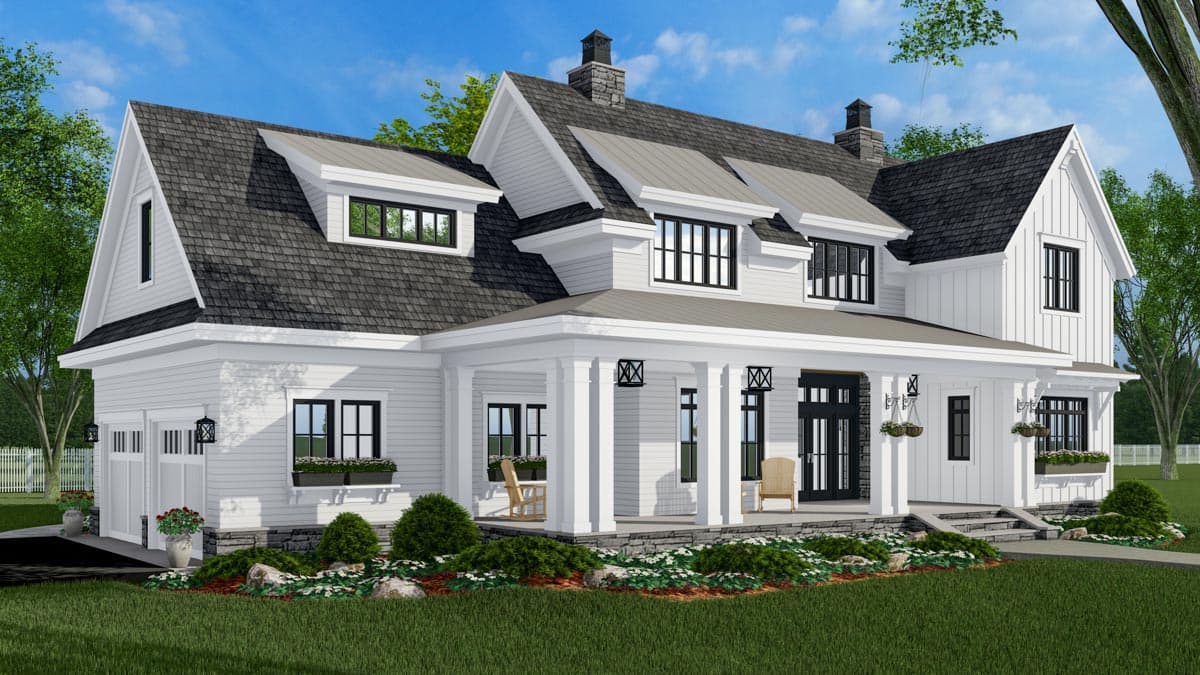 Modern Farmhouse house plan exterior with gables, dormers, a large wraparound porch, and an attached garage.