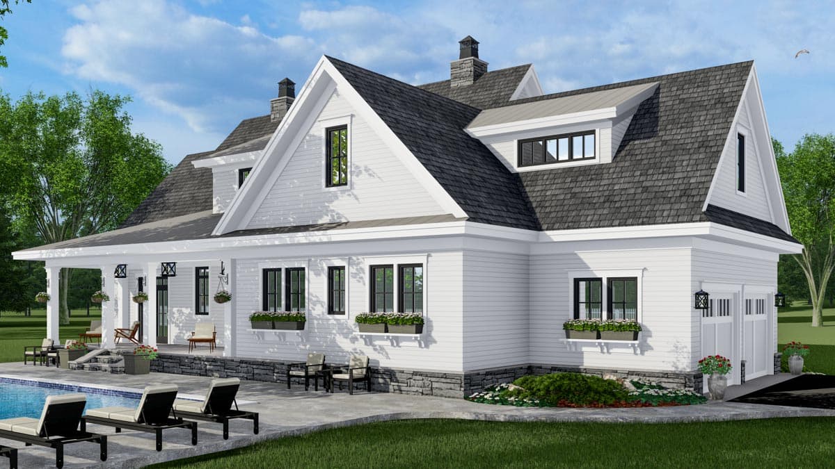 Modern Farmhouse house plan exterior with wrap-around porch, gables, dormers, and a two-car garage.
