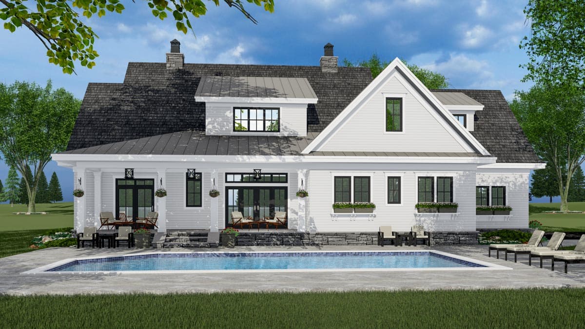 House plan exterior: Modern Farmhouse style, two stories, gables, dormers, covered porch, and pool.
