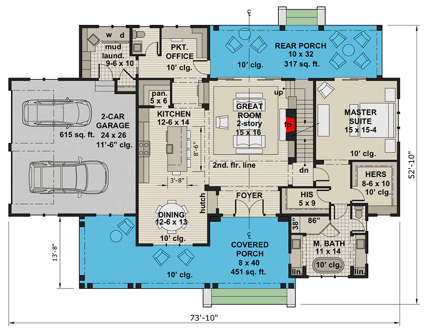 Plan 14684RK: 4-Bed New American Farmhouse Plan with 2-Car Garage - Floor Plan - Main Level