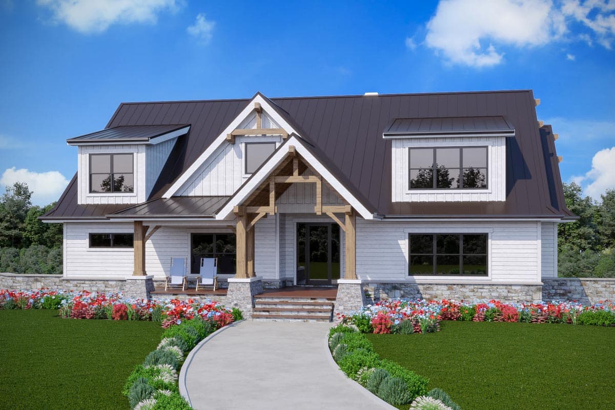 House plan exterior with Modern Farmhouse style. Two-story home with a gabled roof, dormers, and a covered porch with exposed beams.