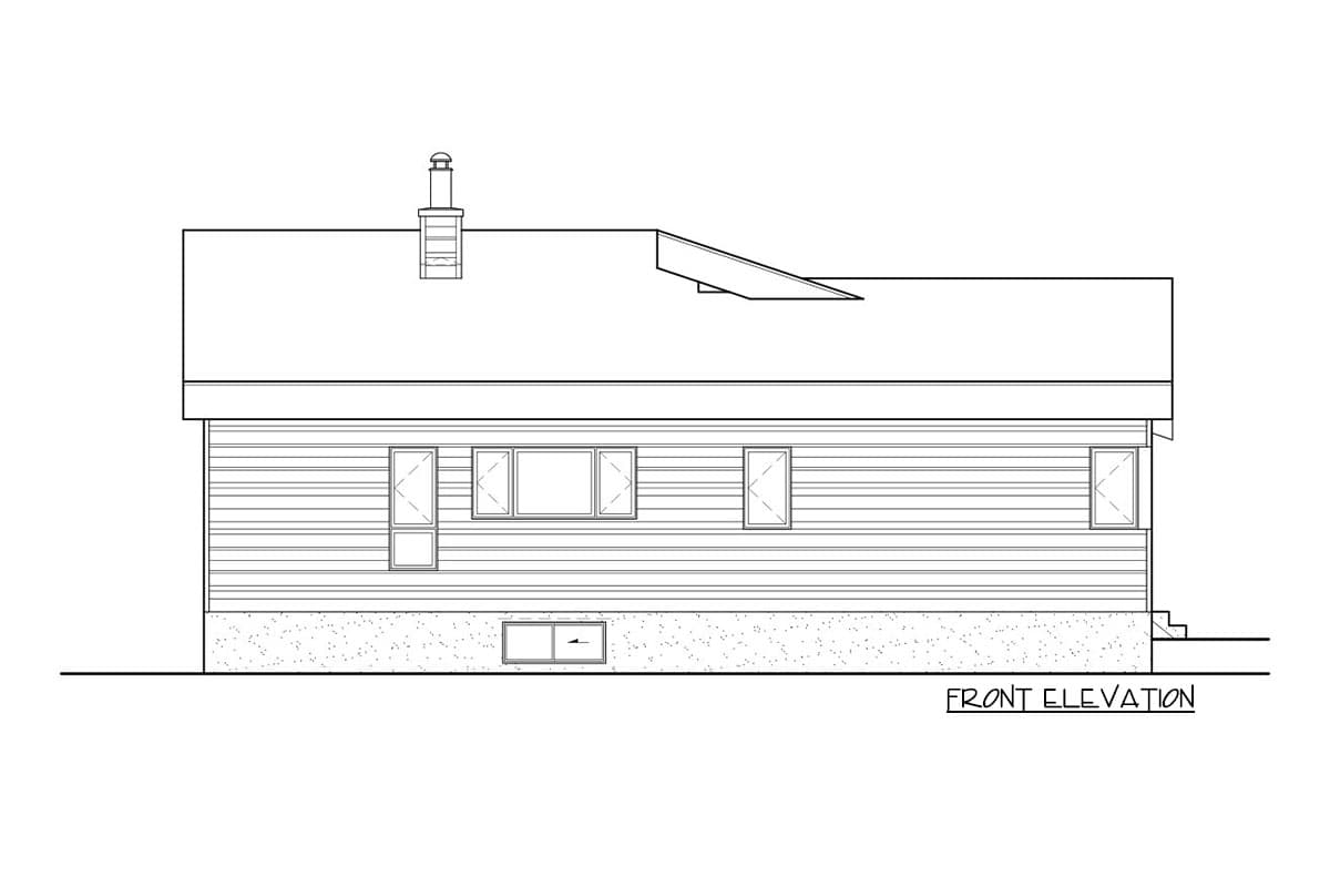 Front elevation drawing of a one-story house with horizontal siding, a chimney, and multiple windows.