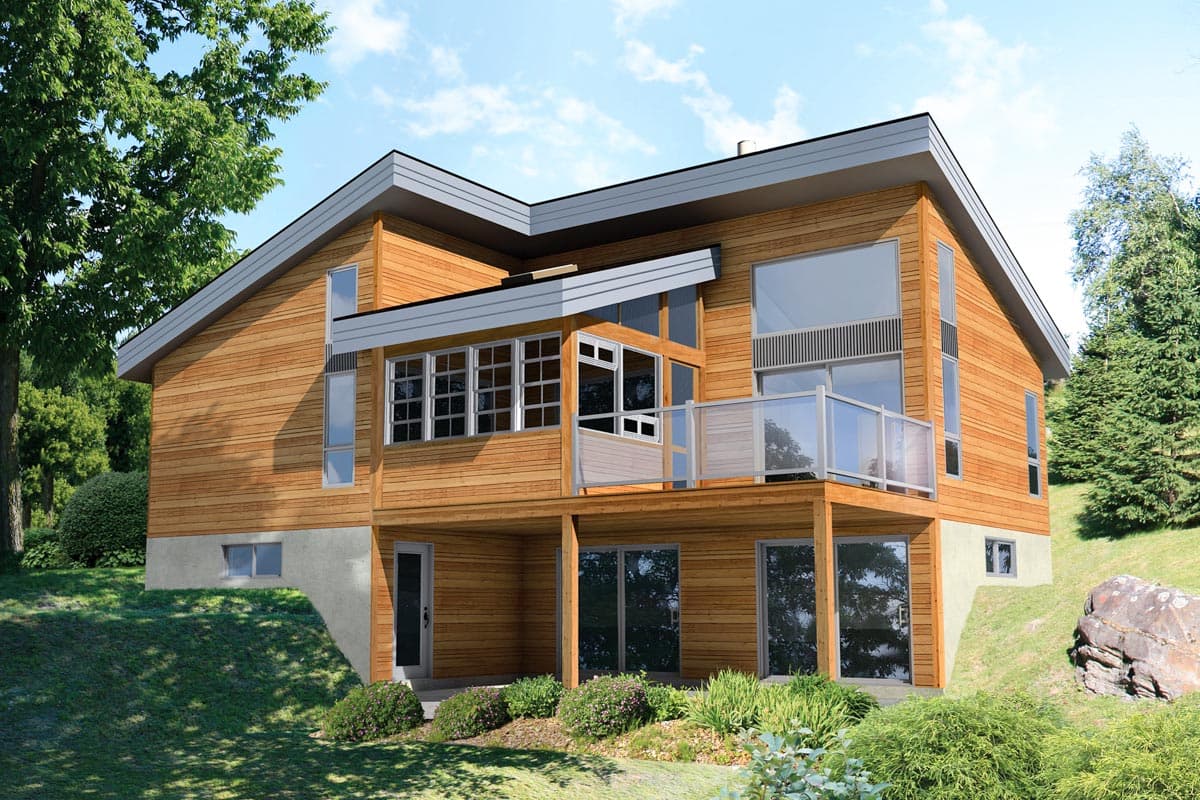 House plan exterior. Contemporary two-story house with a flat roof, horizontal siding, and a second-story balcony.