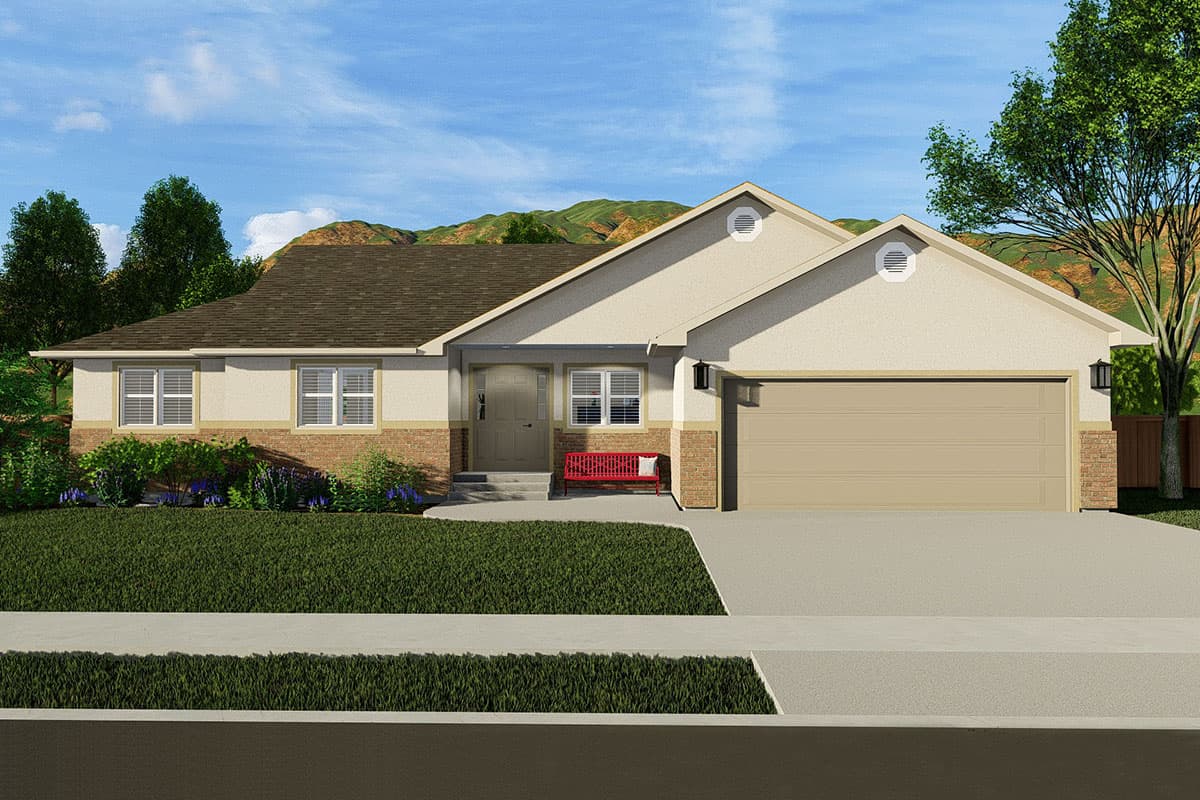 House plan exterior. Ranch style with a two-car garage, gable roof, and brick accents. Features a covered entry and small dormers.