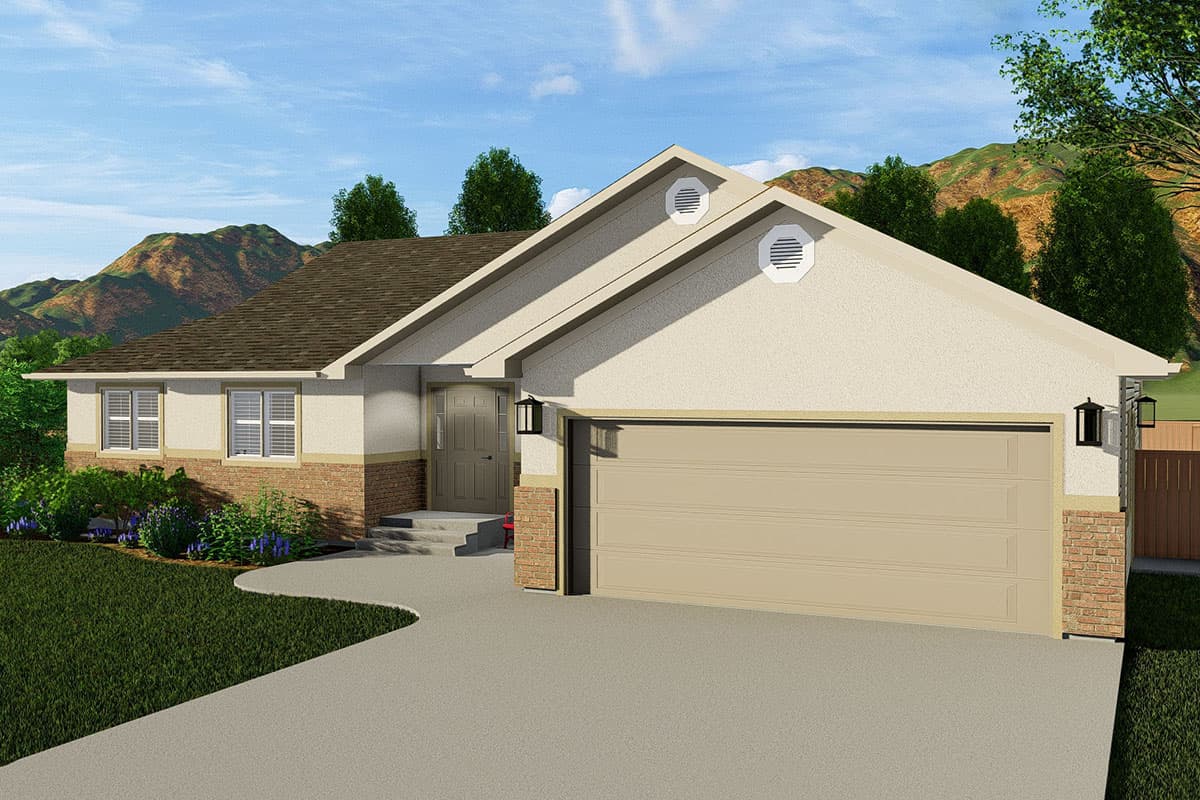 House plan exterior: one-story home with a front-facing garage, gable vents, and brick accents.