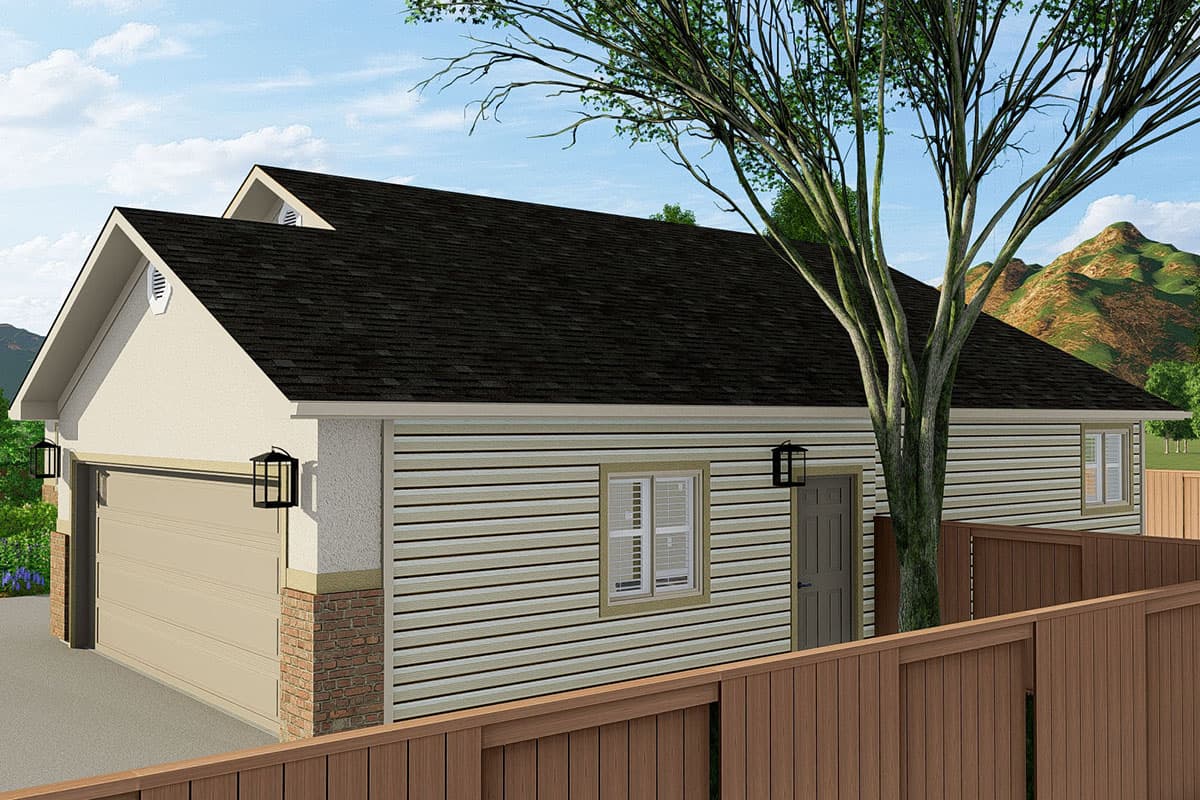 House plan exterior: One-story structure with a gable dormer, side-facing garage door, and horizontal siding.