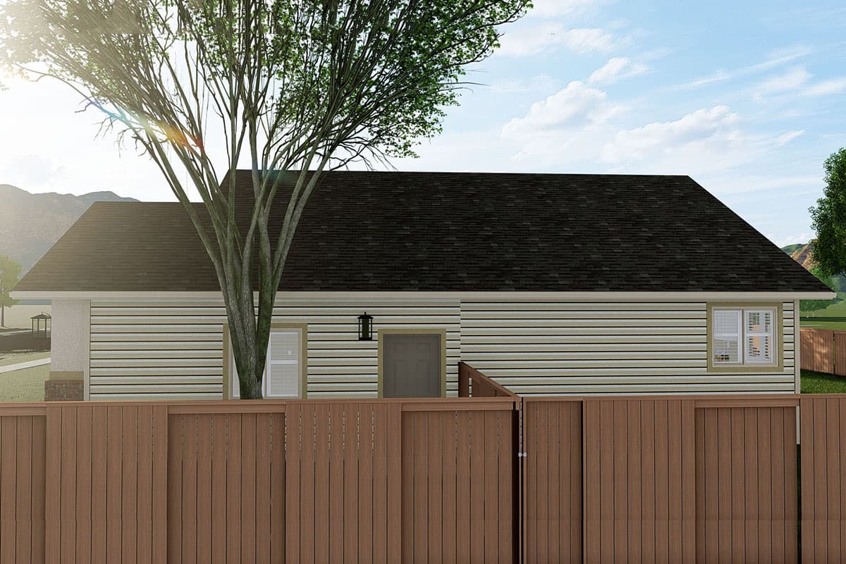 House plan exterior, one story, horizontal siding, asphalt shingle roof, with a front door and two windows.
