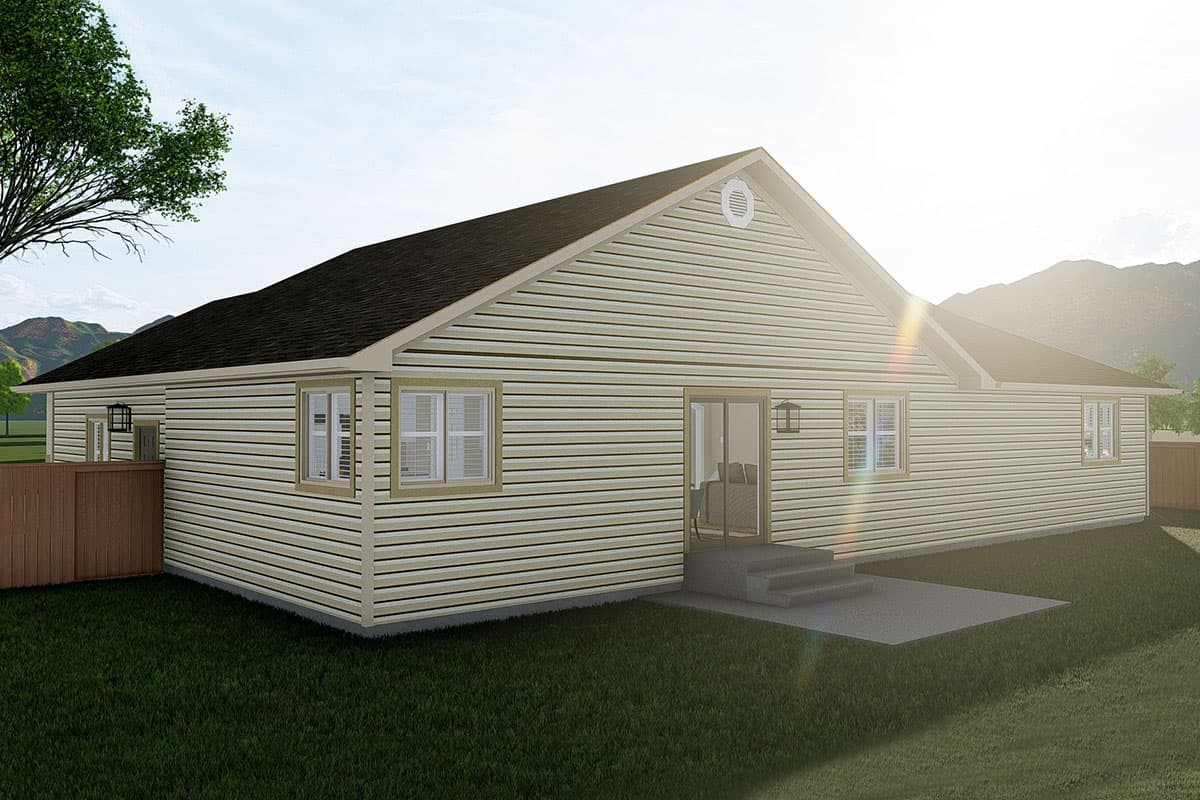 House plan exterior: single-story ranch with vinyl siding, gabled roof, and three windows visible.