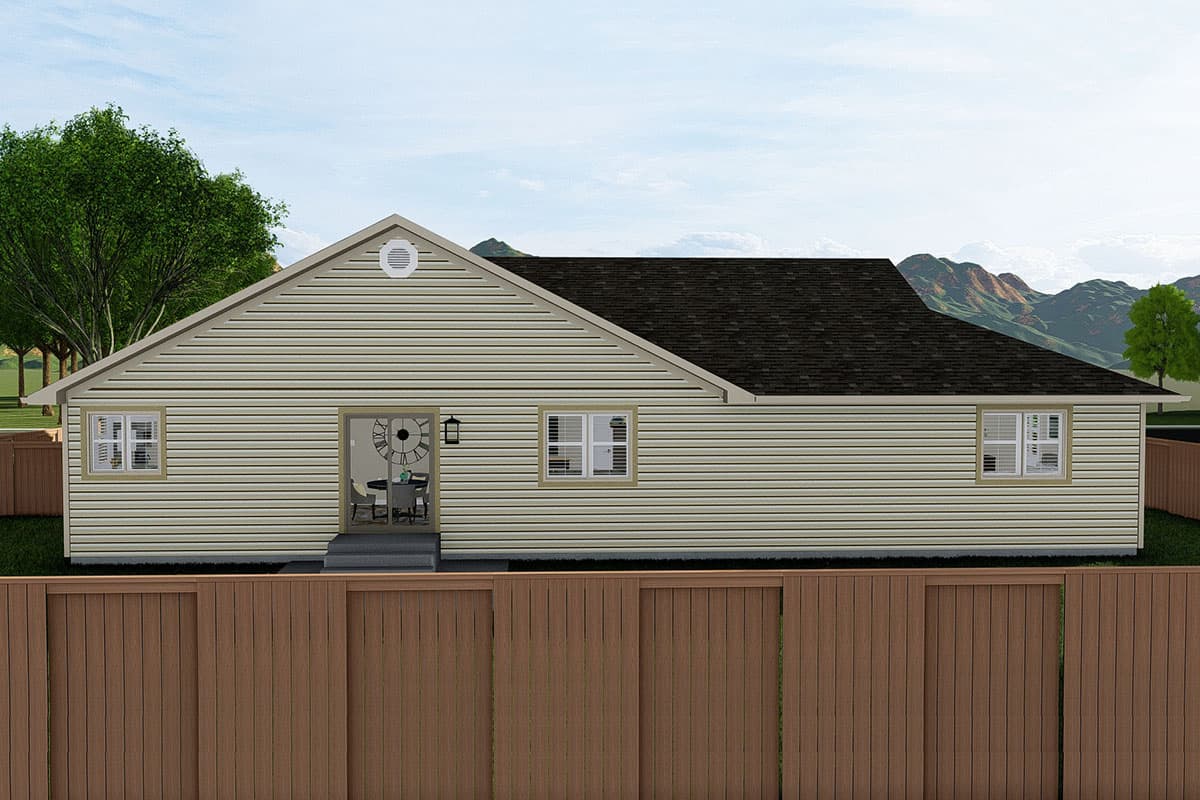 House plan exterior: Ranch style, single story, with vinyl siding, gabled roof, and glass sliding doors.