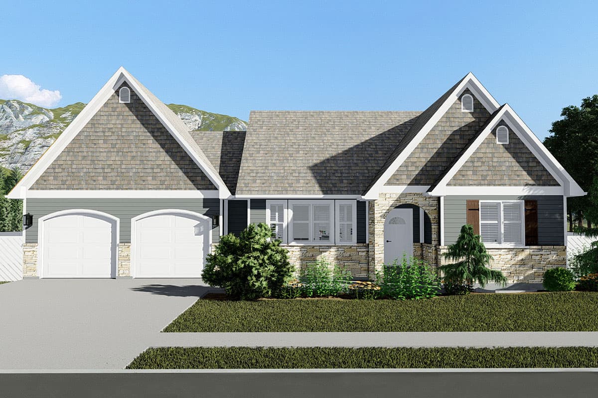 House plan exterior with Craftsman style, two stories, gabled rooflines, two-car garage, and stone facade accents.