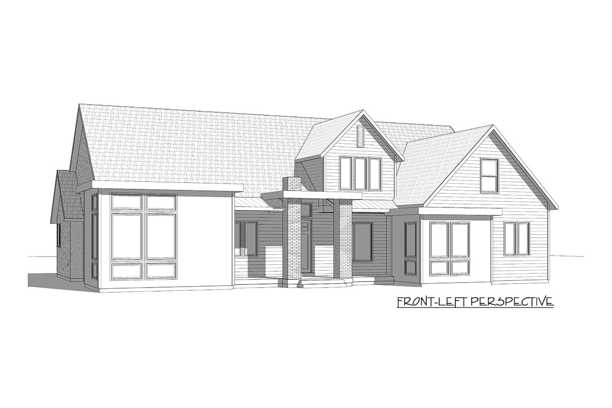 House plan exterior, two stories, gabled dormers, wide windows, and covered entrance with brick columns.