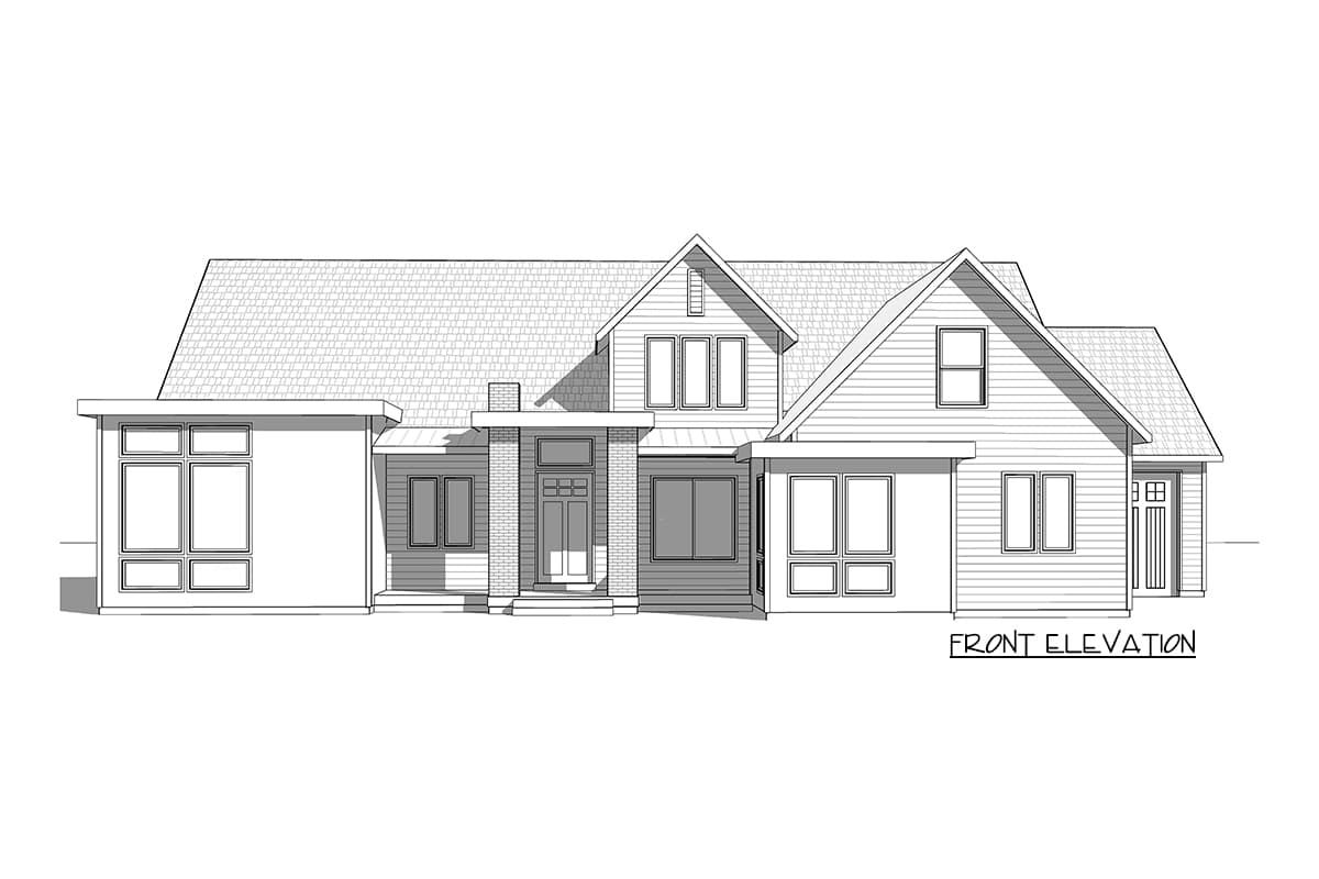Front elevation house plan showing a two-story home with a prominent gabled roof, covered entry, and varied window styles.