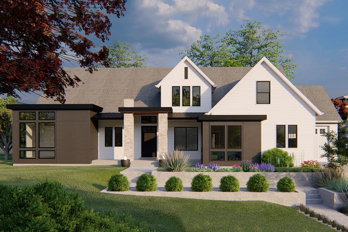 House plan exterior. Modern farmhouse style with gabled roof, dormers, and a covered front porch. Features a combination of dark and white siding.