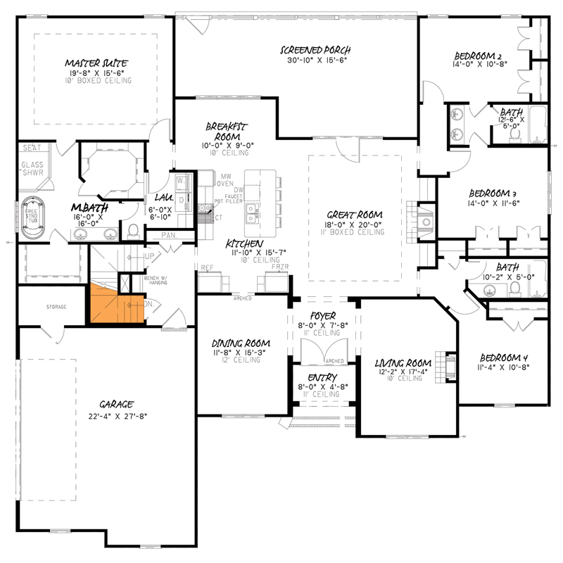 Plan 70648MK: One-Story 4-Bed House Plan with Bonus Expansion - Floor Plan - Main Level Basement Stairs Location - Traditional