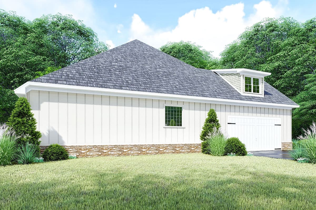 House plan exterior: Modern Farmhouse style with board and batten siding, stone foundation, dormer window, and a two-car garage.