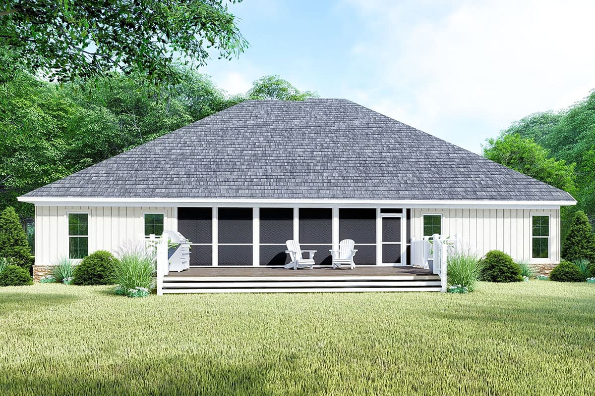 House plan exterior: A one-story home with a large gable roof, a screened porch, and double hung windows.