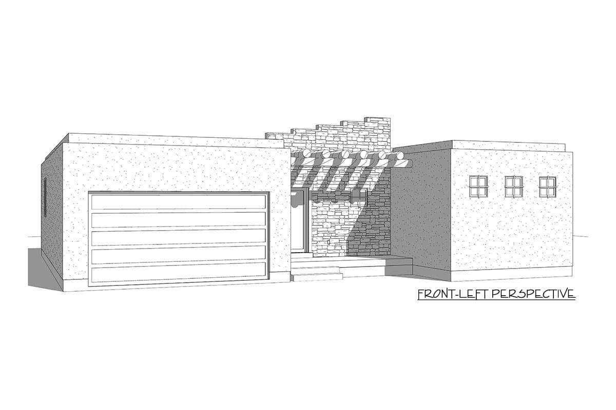 House plan exterior, single-story, with attached garage, stone facade entry, and stepped roofline detail.
