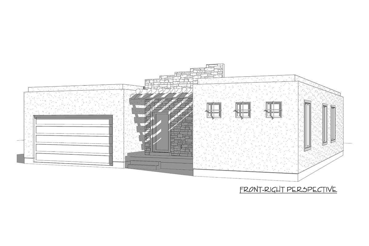 Front-right perspective of a single-story house plan with attached garage, stone accents, and a covered entryway.