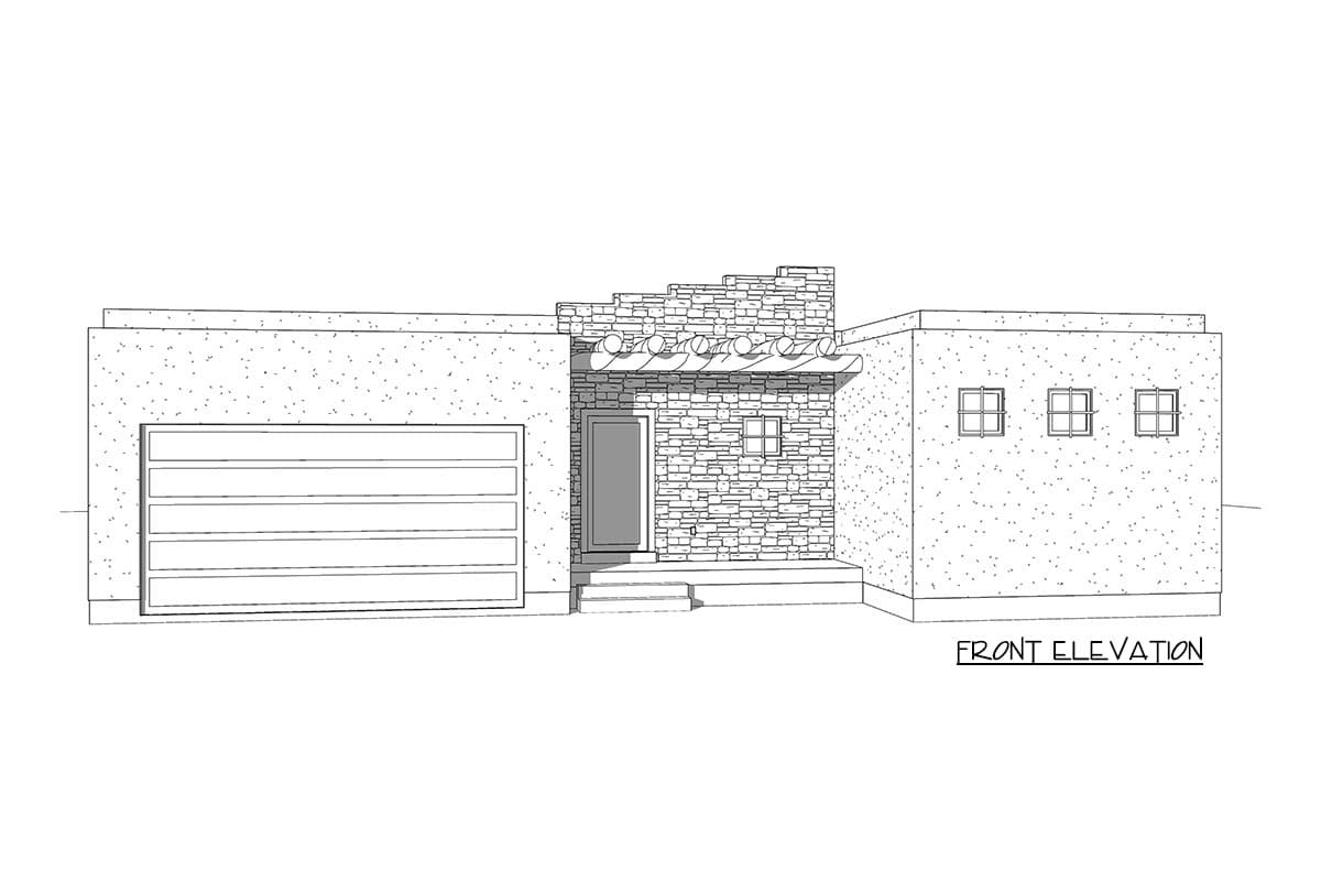 Front elevation house plan with stone facade, attached garage, and covered entry with vigas.