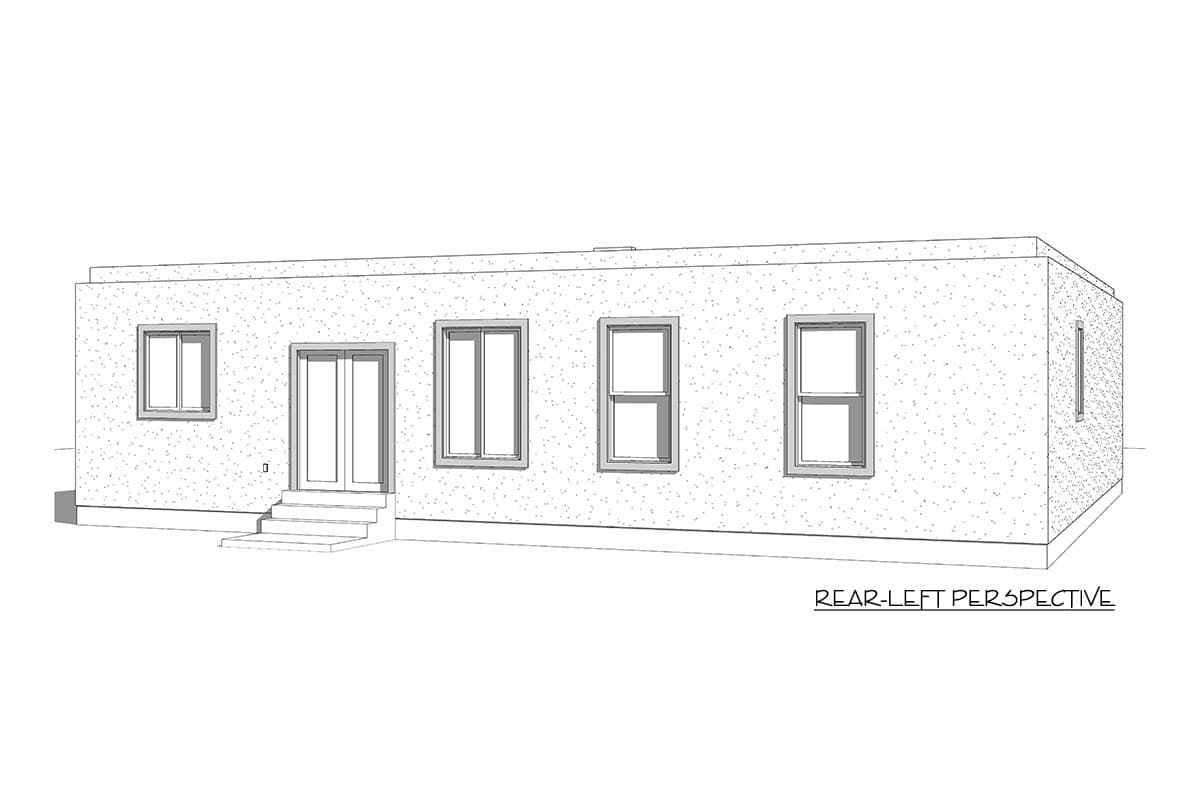 Rear-left perspective of a one-story house plan with a flat roof, double doors, and four windows.